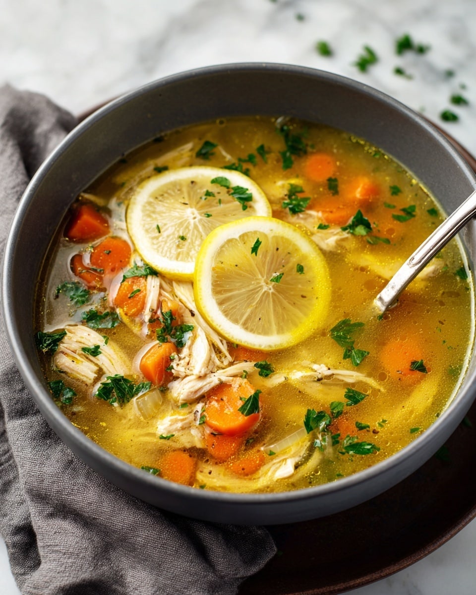 A deep gray bowl filled with chicken soup sitting on a dark brown round tray covered with a gray cloth on a white marbled surface. Inside the soup, there are visible shredded white chicken pieces, small bright orange carrot chunks, and translucent cooked onion pieces all floating in a thick yellow broth with a slight oily shine. On top, two thin, round slices of lemon with visible pulp and peel lie near the center, surrounded by scattered sprinkled fresh green parsley leaves. A shiny silver spoon is partially submerged in the soup on the right side. Photo taken with an iphone --ar 4:5 --v 7