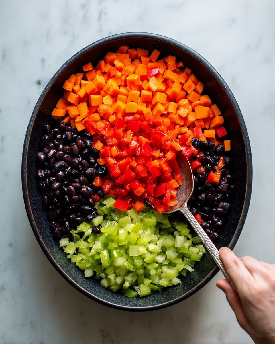 A black oval bowl sits on a white marbled surface, filled with four separate layers of chopped vegetables. Starting from the top right is a bright orange layer of diced carrots, next to it on the top left is a vivid red layer of small chopped red bell peppers. Below these, on the bottom right, is a light green layer of chopped celery, and on the bottom left is a dark black layer of black beans. A woman's hand holds a silver spoon stirring the ingredients gently inside the bowl. Photo taken with an iphone --ar 4:5 --v 7