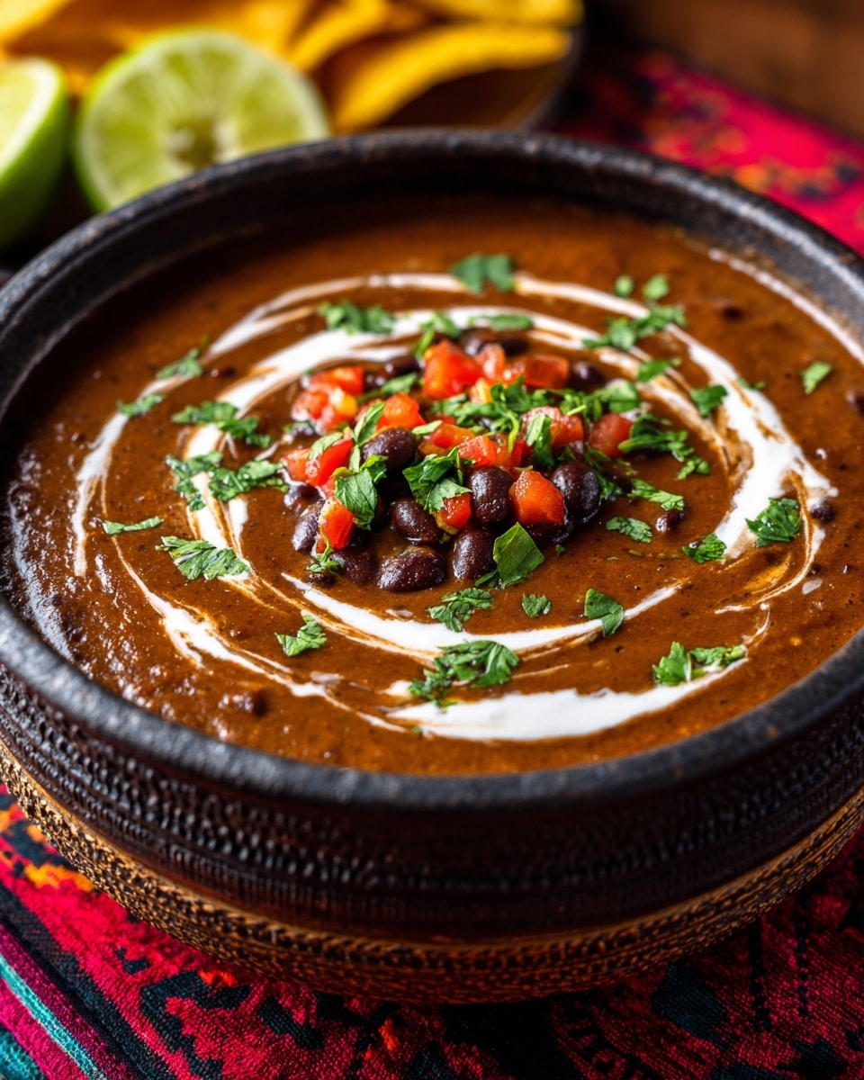 A close-up of a bowl of thick, brown black bean soup with black beans scattered throughout and swirls of white cream on top. In the center, there are small red diced tomatoes and green chopped cilantro leaves sprinkled all over the surface. The bowl has a dark, textured outer edge and is placed on a red and black patterned cloth on a wooden surface. In the background, partially visible yellow tortilla chips and a lime wedge add extra color. Photo taken with an iphone --ar 4:5 --v 7