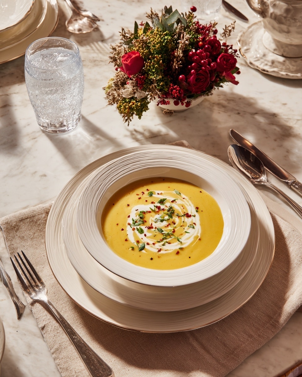 A white bowl filled with creamy yellow soup sits on a beige napkin, which is on a stacked set of two white plates with gentle ridged edges and silver trim; the soup has a swirl of white cream in the center topped with small green herbs and a sprinkle of red flakes. The table setting includes a silver fork and knife on each side of the plates, and two textured white plates with a silver spoon above the main dish. Nearby, to the top left, there is a clear glass of water with ice, and in the middle background, a small bouquet of red roses, red berries, and green flowers adds color on a white marbled surface. The lighting is soft and natural, giving the setting a warm and inviting look photo taken with an iphone --ar 4:5 --v 7