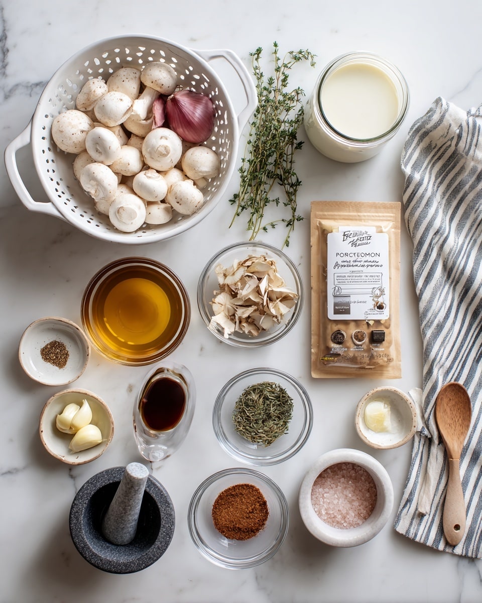 The image shows a collection of cooking ingredients neatly arranged on a white marbled surface. On the left, a white colander holds whole white mushrooms, small red onions, and fresh green thyme sprigs. Next to it is a jar filled with a white liquid, possibly cream. Near the center, there is a clear container of golden brown broth and a small packet labeled