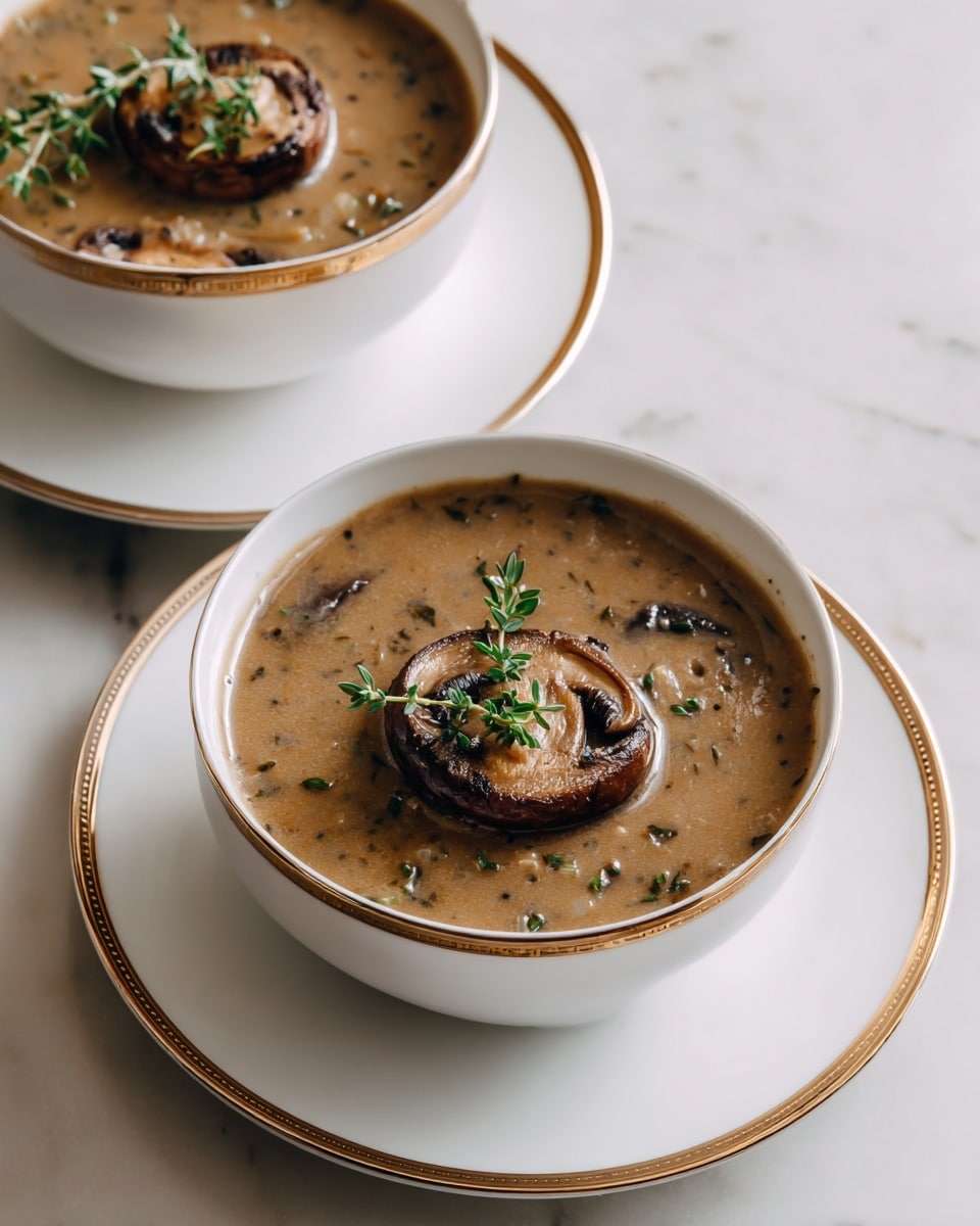 The image shows two white bowls filled with a thick, creamy brown soup with small visible bits throughout. Each bowl has one halved mushroom placed flat in the center of the soup, topped with fresh small green herb sprigs that lie across the mushroom. The bowls have a thin gold rim around the edge and sit on matching white plates with gold rims. The setting surface is a white marbled texture. The image captures the smooth texture of the soup and the natural details of the mushrooms and herbs. Photo taken with an iphone --ar 4:5 --v 7