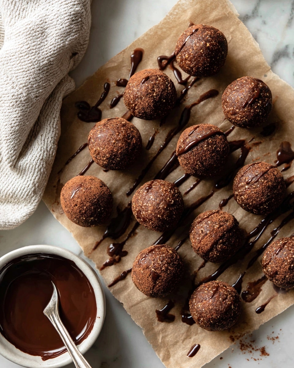 The image shows fifteen round brown snack balls, arranged in three rows on brown parchment paper. The balls have a rough texture with visible bits of ingredients. Thin lines and small drops of dark melted chocolate are drizzled across the parchment, some touching the snack balls. On the left bottom corner, there is a white bowl filled with dark melted chocolate, with some chocolate dribbled on the bowl edge. A woman's hand is holding a fork, aiming at the balls on the right side. A white textured cloth is placed on the upper left side. The background is a white marbled surface. photo taken with an iphone --ar 4:5 --v 7