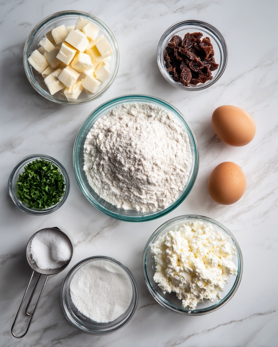 The image shows seven clear glass and metal containers arranged on a white marbled surface. In the center, there is a glass bowl filled with white flour. To the right of the flour, there is a glass bowl with two brown eggs. Above it, a bowl contains dark brown dried pieces. To the left of the dried pieces, there is a bowl with chopped green herbs. Below and left of the flour bowl is a small bowl of white powder, likely baking powder. Next to it, a metal measuring cup on the left holds small chunks of white cheese. To the right, another metal measuring cup is filled with white cottage cheese. The containers are evenly spaced and the image is bright and clean. Photo taken with an iphone --ar 4:5 --v 7