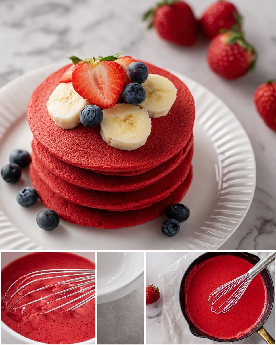 The main image shows a stack of two thick red pancakes on a white plate with small ridged edges, topped with slices of banana and strawberry, and whole blueberries scattered on and around the stack. The pancake layers are bright red with a soft, slightly bumpy texture. The top right image shows a close-up of a white bowl filled with smooth, bright red pancake batter being whisked with a metal whisk. The bottom right image shows three red pancakes cooking in a black pan, each pancake flat with small bubbles forming on the surface. The background is a white marbled texture with a few strawberries and blueberries scattered lightly. Photo taken with an iphone --ar 4:5 --v 7