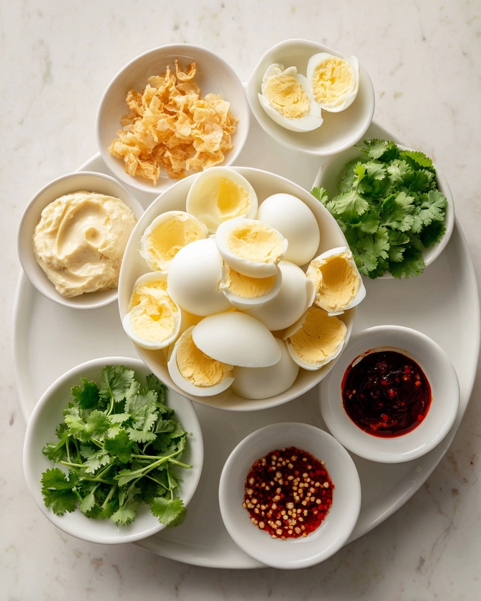The image shows a white plate at the bottom filled with empty white eggshell halves arranged neatly in layers, with the smooth texture of the shells visible. Above the plate, there is a white bowl filled with halved egg yolks that have a pale yellow and slightly crumbly texture. Surrounding these central items are four small white bowls, each containing different ingredients: one bowl with golden crispy fried onions, another with creamy light beige mayonnaise, a third with bright green fresh cilantro leaves, and the last with a dark red chili sauce with visible seeds. The bowls and plate are placed on a white marbled surface, creating a clean and simple look. Photo taken with an iphone --ar 4:5 --v 7
