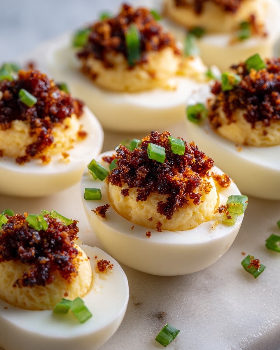 The image shows a close-up of stuffed eggs arranged closely together. Each egg is cut in half, revealing a smooth, creamy pale yellow filling topped with a dark reddish-brown crumbly layer. Small pieces of chopped green onion are sprinkled over and around the eggs. The eggs are placed on a white marbled surface with soft light highlighting the texture of the filling and topping. photo taken with an iphone --ar 4:5 --v 7