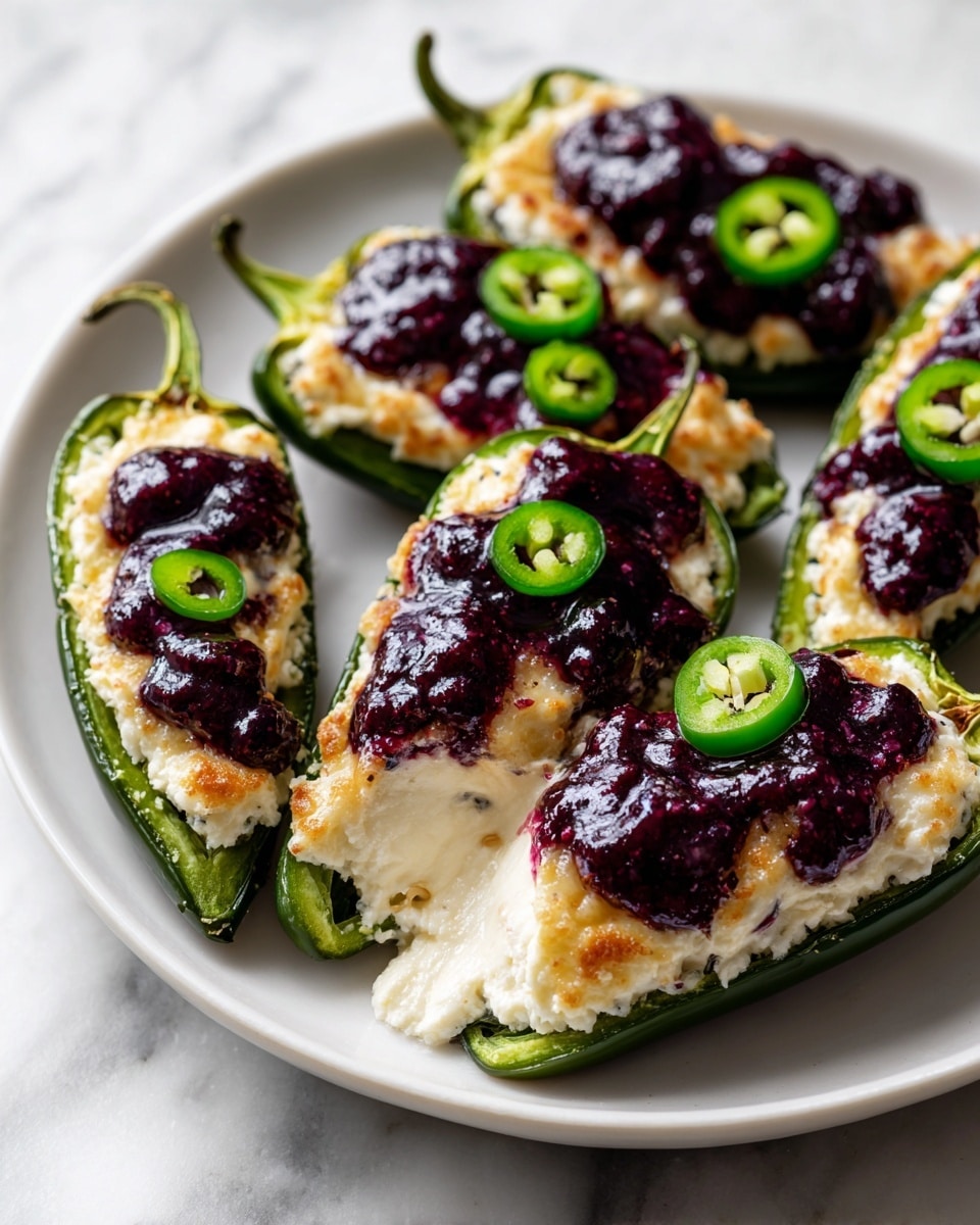 A white plate on a white marbled surface holds several stuffed jalapeño peppers. Each pepper is green and cut in half lengthwise, filled with a smooth, creamy white cheese layer. On top of the cheese is a thick, dark purple berry topping, with small slices of bright green jalapeño rings scattered over. The texture shows the cheese melted and slightly oozing out from one pepper. Photo taken with an iphone --ar 4:5 --v 7