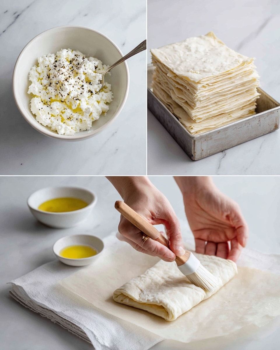 Three photo panels show the making of cheese rolls on a white marbled surface. The first panel has a white bowl filled with white crumbly cheese mixed with black pepper, with a spoon resting inside. The second panel shows a stack of square, thin, pale dough sheets on a white cloth inside a metal tray, next to a small white bowl of yellow oil. The third panel shows a woman's hand using a soft brush with a white handle to spread filling on a dough sheet’s edge, while another woman's hand rolls the dough tightly around the filling on parchment paper. Photo taken with an iphone --ar 4:5 --v 7
