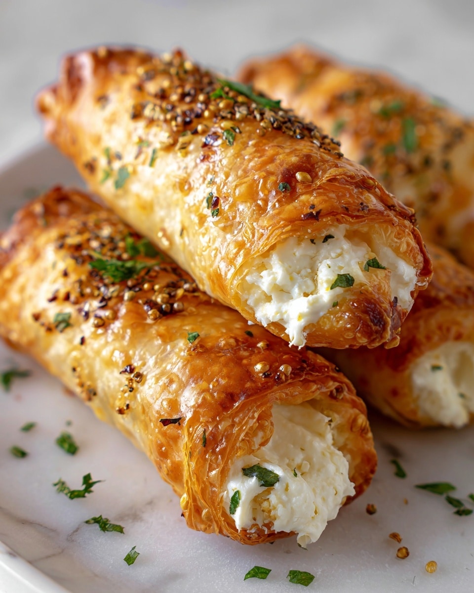 The image shows three golden brown crispy rolls placed close together on a white plate with a white marbled surface underneath. Each roll is filled with creamy white cheese that is slightly visible at the ends, topped with mustard seeds and sprinkled with small green herbs. The rolls have a flaky texture with shiny, toasted layers that glisten under soft lighting. The overall look is warm and fresh, with various textures from smooth cheese to crunchy pastry. Photo taken with an iphone --ar 4:5 --v 7