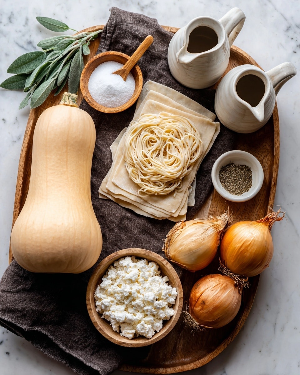 A wooden tray holds several ingredients on a dark cloth against a white marbled surface. On the left side lies a whole butternut squash with a smooth, pale orange skin. Above it, a small wooden bowl filled with white granulated sugar and a small wooden spoon rests. Two white ceramic jugs of oil are placed near the squash, one below and one above it. In the center, a small round wooden bowl is filled with white, crumbly cheese. To the right of the cheese, folded sheets of pale, uncooked pasta dough lay flat. On the upper right, two whole onions with golden-brown skin and dried roots sit side by side. Between the onions and cheese are two small white ceramic bowls: one contains coarse black pepper and salt, and the other holds ground herbs. A small cluster of fresh sage leaves is placed near the top left corner. Photo taken with an iphone --ar 4:5 --v 7