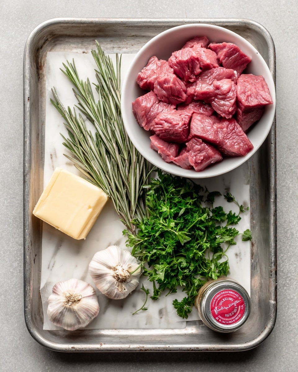 The image shows a metal tray with a white marbled surface background, holding ingredients neatly arranged. There is a small white bowl in the top right corner filled with raw red meat chunks. Below the bowl, fresh green parsley bunch lies spread out. To the left, three unpeeled garlic cloves rest next to a small square block of butter. A few sprigs of fresh rosemary lean against the left side of the tray. A small spice jar with a red lid and label is placed in the bottom right corner. The tray has some light marks and textures from use. Photo taken with an iphone --ar 4:5 --v 7