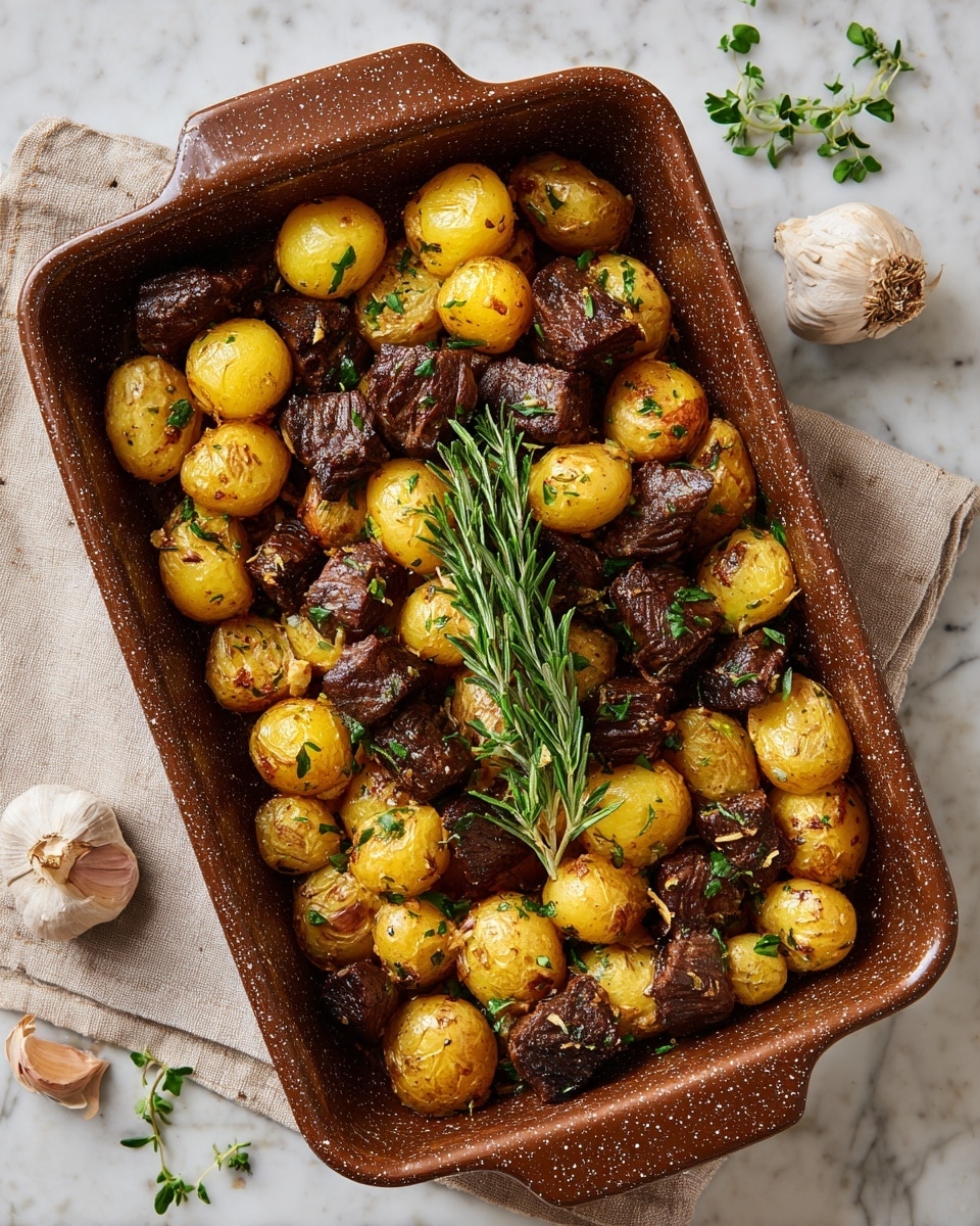 A brown speckled pan filled with two layers of browned food: the bottom layer has small golden-yellow potatoes with a shiny, roasted texture, some showing crisp, darker edges; the top layer has irregularly shaped dark brown beef chunks with a slightly glossy surface, scattered evenly among the potatoes, with green chopped herbs sprinkled on top. In the center of the pan, a small bunch of fresh green rosemary rests upright. The pan sits on a light beige cloth over a white marbled surface, with three garlic cloves and more small green herbs scattered around near the pan. Photo taken with an iphone --ar 4:5 --v 7