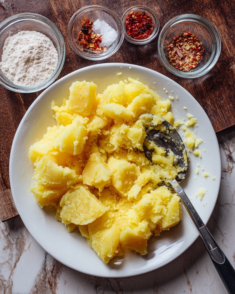 A white plate holds large chunks of yellow boiled potatoes arranged around the edge, while in the center, some of the potatoes are being mashed with a metal potato masher that has a black handle. The texture of the mashed center is soft and uneven, showing a mix of small lumps and smooth parts. In the background, there are small glass containers on a dark wooden table, one holding white flour and another with mixed spices including red chili flakes, salt, and a few other powdered spices. The surface beneath everything has a white marbled texture. Photo taken with an iphone --ar 4:5 --v 7