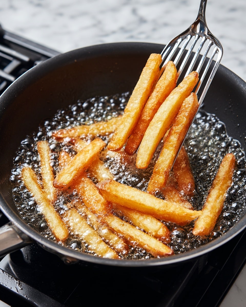 A frying pan filled with bubbling hot oil with eight orange, crunchy fries being fried inside. A silver slotted spatula is lifting some fries, showing small bubbles clinging to the fries and spatula. The pan is black with a smooth surface, placed on a black stove with a shiny white marbled countertop around. The texture on the fries looks crunchy and crisp. photo taken with an iphone --ar 4:5 --v 7