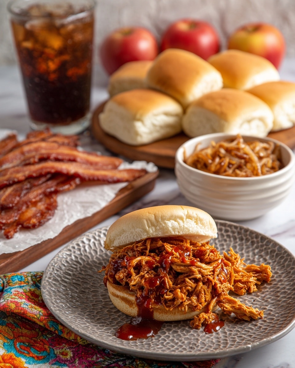 The image shows a white sandwich bun open on a gray plate with a honeycomb pattern, with shredded chicken coated in reddish-brown barbecue sauce piled on the bottom bun and some sauce spilled onto the plate. Nearby, there are six closed buns with soft light brown tops placed on a wooden board. To the left, several strips of crispy bacon lie on white paper over a colorful patterned cloth. There is a white bowl filled with a brown spice mix and another white bowl containing cooked browned onions. A glass of dark brown soda with ice sits to the upper right. Two red apples are in the background on a white marbled surface. photo taken with an iphone --ar 4:5 --v 7