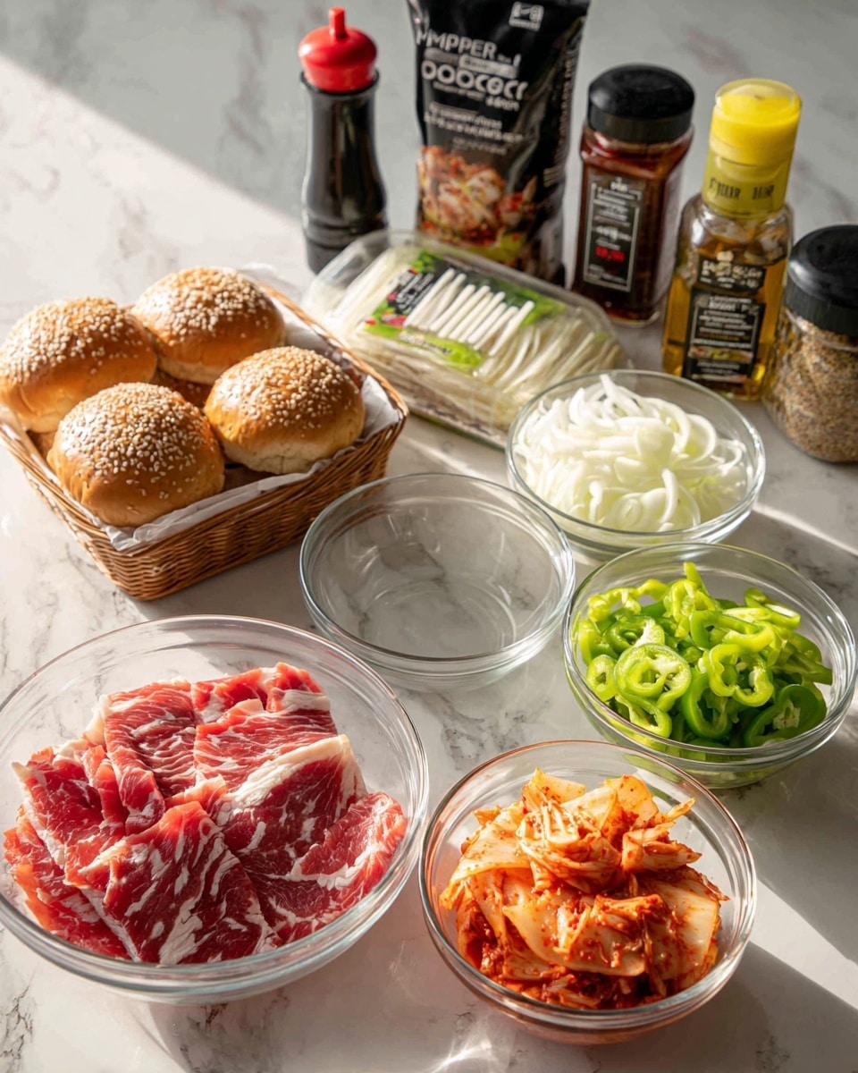The image shows ingredients arranged on a white marbled surface with several glass bowls and a basket. In the front left, there is a clear glass bowl filled with thinly sliced red meat with white marbling. To the right, another clear glass bowl holds chopped kimchi, which is red-orange in color with bits of white cabbage. Next to the kimchi, there is a small clear bowl filled with bright green sliced peppers. Behind these, a basket contains three sesame seed-topped sandwich buns that are light brown on the outside and white inside. To the upper right of the buns, there is a clear bowl with sliced white onions. Behind that, there is a package of sliced white cheese sticks labeled
