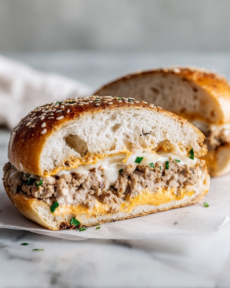 The image shows a sandwich cut in half and stacked on a white marbled surface. The sandwich has a sesame seed-topped bun with a soft, light brown crust. Inside, there are three main layers: a base of creamy orange sauce, a middle layer of cooked, chopped meat mixed with herbs and small onion pieces, and a melted cheese layer that blends with the meat, adding a creamy texture. The sandwich halves are wrapped partially in white paper, and the background is softly blurred to focus on the sandwich. photo taken with an iphone --ar 4:5 --v 7