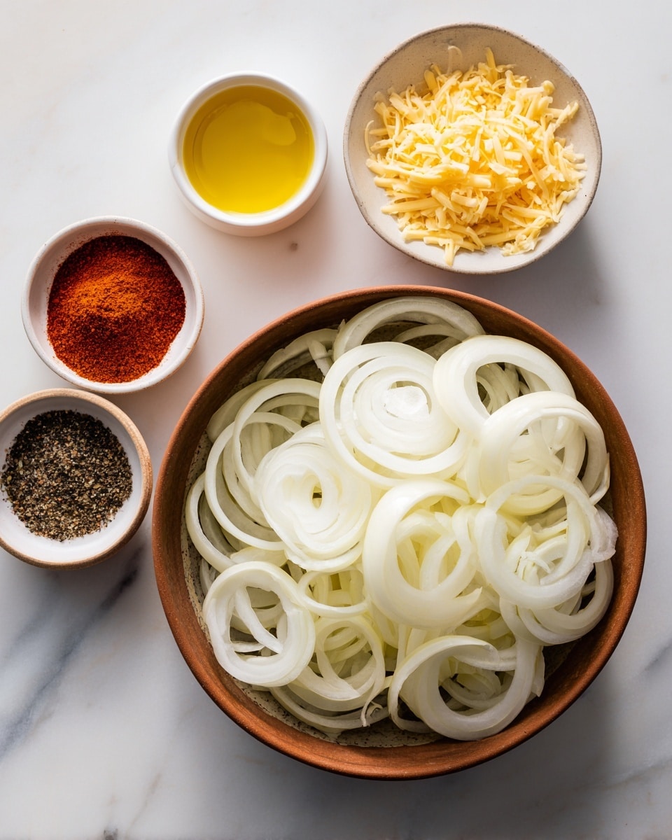 A light brown bowl filled with many rings of thinly sliced white onions, each ring layered loosely and overlapping. Around the bowl are four small white bowls with light brown rims; the top bowl holds golden yellow oil, the right bowl is filled with shredded pale yellow cheese, the bottom left bowl contains bright red-orange spice powder, and the bottom right bowl has a mix of black and white ground spices. The arrangement is on a white marbled surface. Photo taken with an iphone --ar 4:5 --v 7