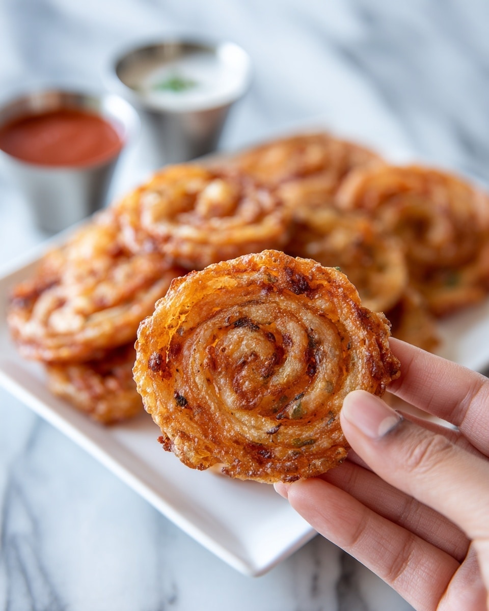 A woman's hand is holding a golden-brown crispy round snack with visible layers forming a spiral pattern, showing a crunchy texture with some darker browned spots. The snack has an irregular rough edge that looks crunchy and textured. In the background, more of these round snacks are placed on a white square plate on a white marbled surface, along with two small metal cups filled with red sauce and white sauce. The image looks bright and sharp, focusing on the snack in the woman's hand. photo taken with an iphone --ar 4:5 --v 7