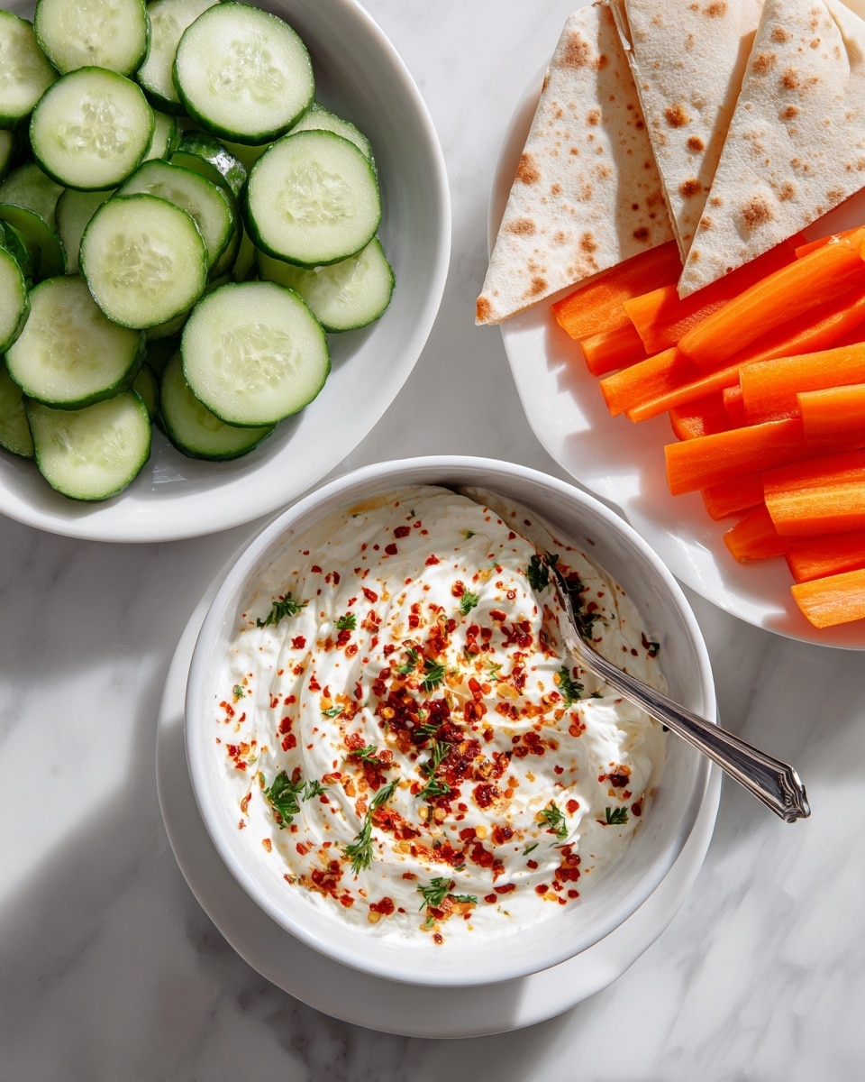 A white bowl in the center holds a creamy white dip sprinkled with red chili flakes and green herbs, with a silver spoon inside. Around it are three white plates: on the left, a plate full of evenly sliced green cucumber rounds; on the right, a plate with bright orange carrot sticks arranged neatly; and at the top, a plate with three triangular pieces of light beige flatbread. The background is a white marbled texture. Photo taken with an iphone --ar 4:5 --v 7