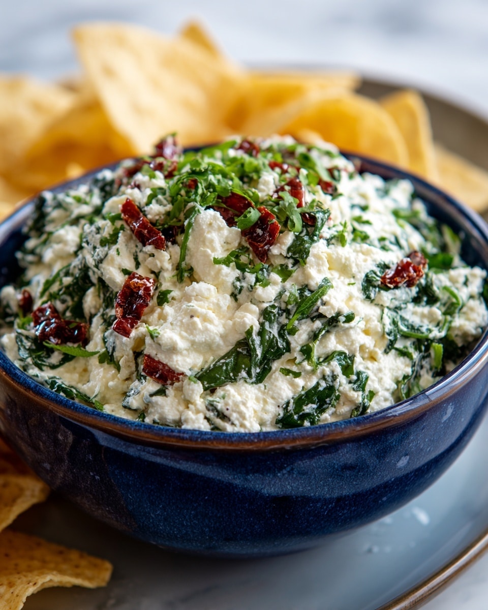A deep blue bowl filled with a mixed creamy salad made of white ricotta cheese, bright green spinach leaves, and chopped green herbs, scattered with pieces of red sun-dried tomatoes. The salad has a light, crumbly texture with visible flakes of cheese and leafy greens. The bowl sits on a tray surrounded by pale yellow tortilla chips, placed against a white marbled surface. The scene focuses closely on the bowl and salad, highlighting the fresh colors and texture of the mixture. Photo taken with an iphone --ar 4:5 --v 7