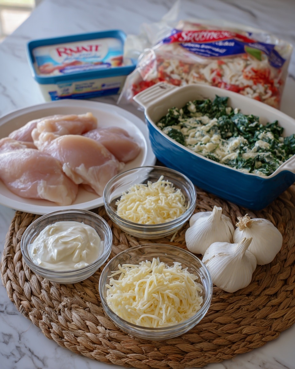 The image shows raw chicken pieces placed on a white plate at the front left, next to a small glass bowl of white creamy sauce and another small glass bowl filled with grated cheese. Behind these, there is a larger glass bowl filled with shredded white cheese. To the right, two heads of garlic rest next to a block of cream cheese in a blue and white package. Behind everything is a bag of chopped spinach with green and red colors on the package. On the left side, there is an empty white baking dish with blue sides placed on a woven mat, all set on a white marbled surface. photo taken with an iphone --ar 4:5 --v 7