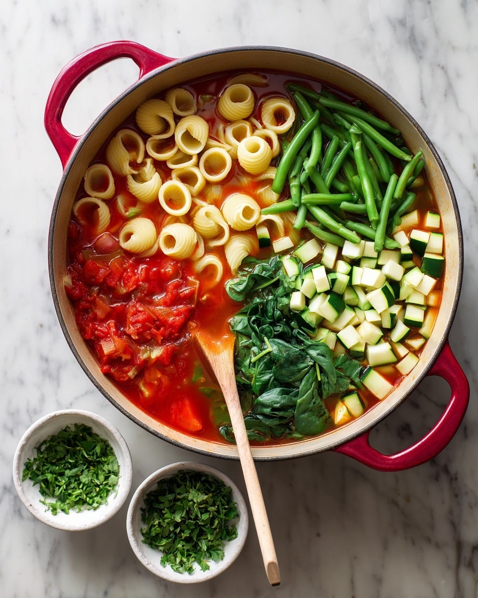 The image shows a white pot with red handles filled with a colorful vegetable soup. Inside the pot, there are several layers: at the bottom is a red-orange broth with diced tomatoes and other vegetables, on the top left there are small white cubes, to the right of them bright green leafy spinach, and on the top right, chopped green beans. A wooden spoon with a light-colored handle rests inside the pot. Next to the pot, on a white marbled surface, are two small white bowls containing chopped green herbs. Photo taken with an iphone --ar 4:5 --v 7