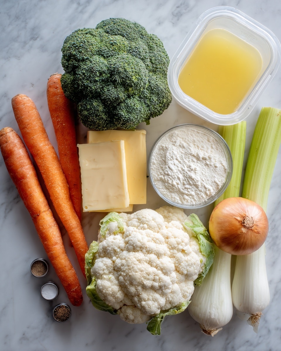 The image shows an overhead view of fresh cooking ingredients placed on a white marbled surface. There are two orange carrots with smooth textures lying parallel, a green broccoli head with dense, bumpy florets, and a white cauliflower head with tightly packed florets. A white rectangular container holds white flour, and nearby is a white measuring cup with a creamy powder inside. Next to them is a round, white container filled with clear broth. There is a white onion with a papery outer layer, several light green celery stalks with smooth ribs, and three blocks of yellow cheddar, white butter, and white cream cheese arranged together. Two small stainless steel bowls contain salt and pepper. The photo taken with an iphone --ar 4:5 --v 7