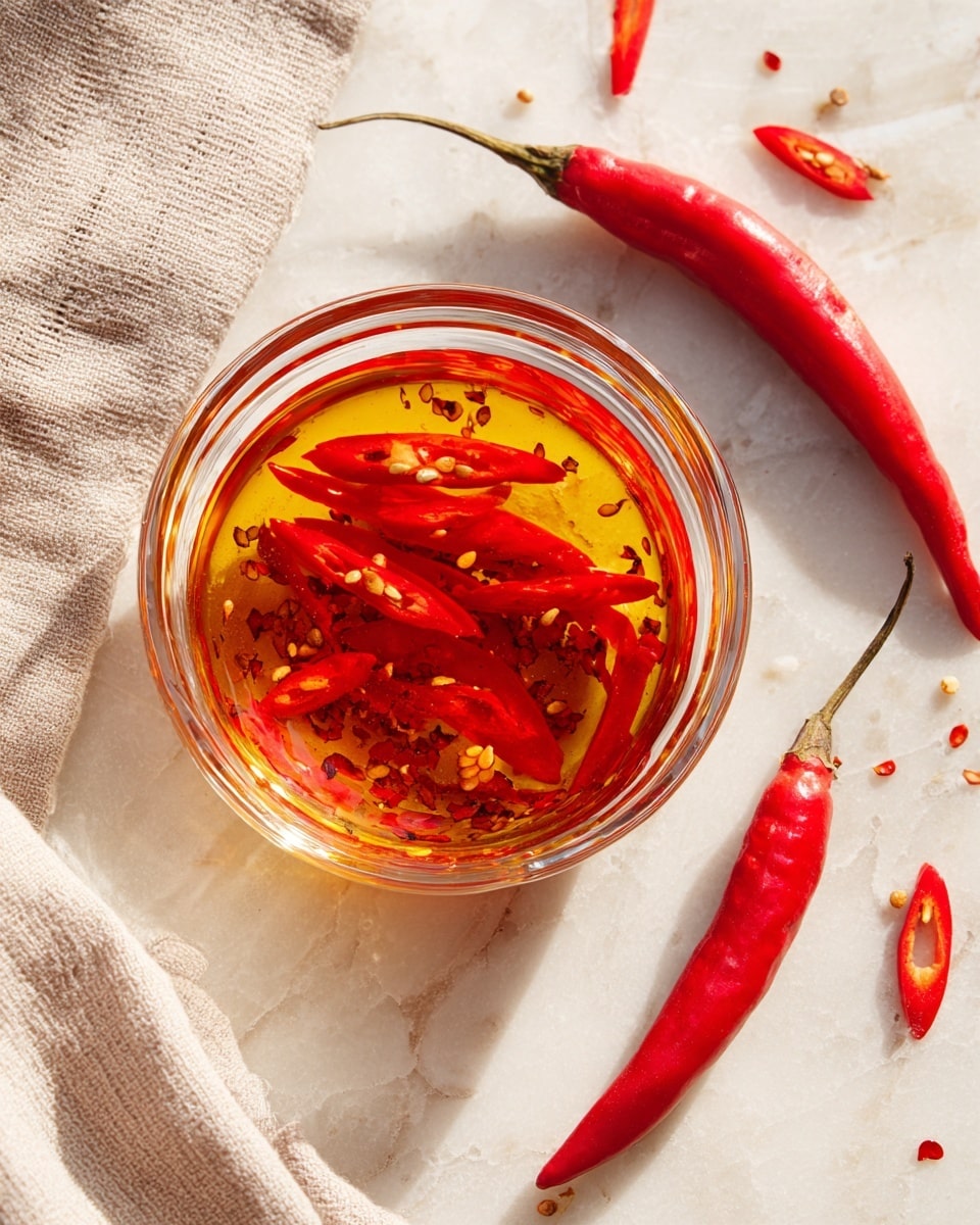 A clear glass bowl holds thin red chili slices soaked in bright orange oil with visible chili seeds floating in the oil, the bowl is set on a white marbled surface. Around the bowl, there are two whole shiny red chilies and a few red chili rings scattered nearby. A light beige cloth with texture is partially visible on the left side of the image. The scene is bright with natural light showing the colors and textures clearly photo taken with an iphone --ar 4:5 --v 7