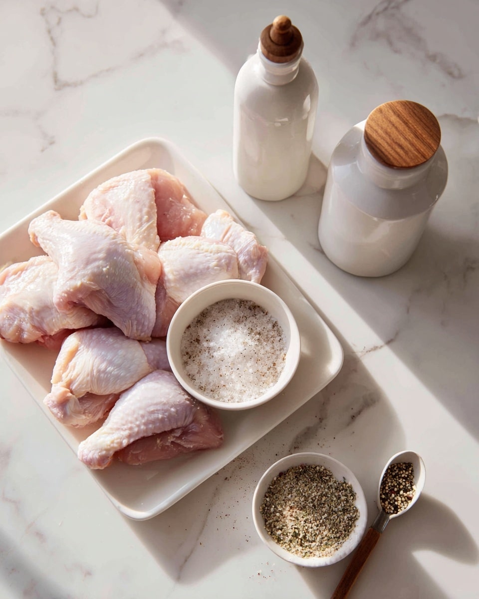 A white tray holds eight raw pieces of chicken skin side up arranged around a small white bowl filled with a mix of coarse salt and seeds in the middle. To the right of the tray, there are three white containers: a bottle with a wooden top spout, a round salt shaker with a wooden top, and a small white bowl with a spoon filled with more of the salt and seed mix. The scene is set on a white marbled surface with bright, natural light highlighting the raw chicken and seasoning bowl. Photo taken with an iphone --ar 4:5 --v 7