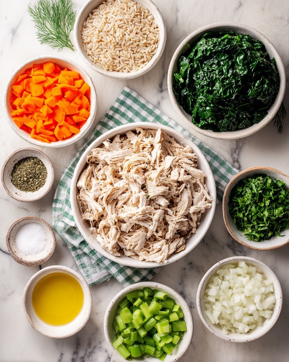 The image shows nine white bowls arranged on a white marbled surface with a green and white checkered cloth underneath some bowls. The largest bowl contains light brown shredded chicken in the center. Above it, to the left, is a bowl filled with bright orange sliced carrots. To the right of the carrots, there is a bowl of uncooked brown rice. Below the rice, a small bowl holds dried green herbs and white salt side by side. To the right of those, there is a small bowl with light yellow olive oil. Below the shredded chicken to the right, a bowl has chopped green celery, and beneath that, another small bowl holds white chopped onions. To the left of the chicken, a large bowl contains dark green chopped leafy spinach. Above the spinach, a small bowl holds fresh green dill. The arrangement of ingredients is neat and shows fresh colors and textures clearly, photo taken with an iphone --ar 4:5 --v 7