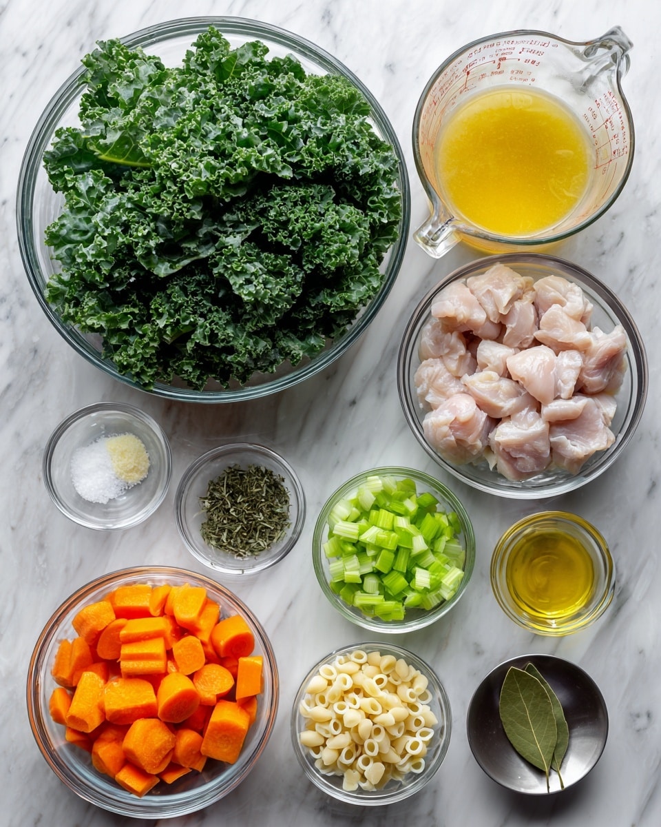 The image shows nine clear glass bowls arranged on a white marbled surface. Starting from the top left, there is a large bowl filled with fresh, bright green kale leaves. To the right of the kale, a medium bowl contains light pink, raw cubed chicken pieces. Above the chicken, a large measuring cup holds a golden-yellow broth. Next to the broth, a small bowl has dried green herbs, and below it, a small bowl with yellow melted butter. Below the chicken, a smaller bowl contains bright green chopped celery. Moving left, there is an even smaller bowl with white coarse salt, and next to it, a tiny bowl with minced garlic. To the bottom left of the celery, a bowl showcases vivid orange cut carrots. Below the kale bowl, two small bowls are filled with small, pale yellow orzo pasta and chopped white onions. At the bottom right corner, a small metal bowl holds a single dark green bay leaf. The setup appears clean and ready for cooking, photo taken with an iphone --ar 4:5 --v 7