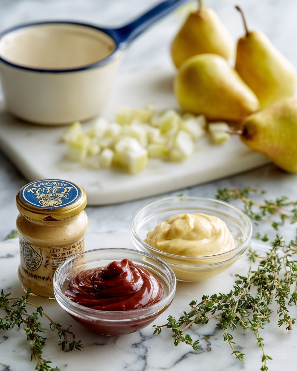 A clear glass bowl holds two small dollops of thick sauces, one a deep red-brown color and the other a pale yellow, placed near some fresh green sprigs of thyme on a white marbled surface. In front, a jar of Grey Poupon Dijon mustard with a slightly used cap sits prominently, showcasing its creamy, light yellow color. Behind the jar, there is a white pot with a blue handle, partially visible, placed on a white marbled surface. In the background, a white cutting board with chopped pale yellow and white pear pieces and whole yellow pears can be seen, along with additional thyme sprigs. Photo taken with an iphone --ar 4:5 --v 7