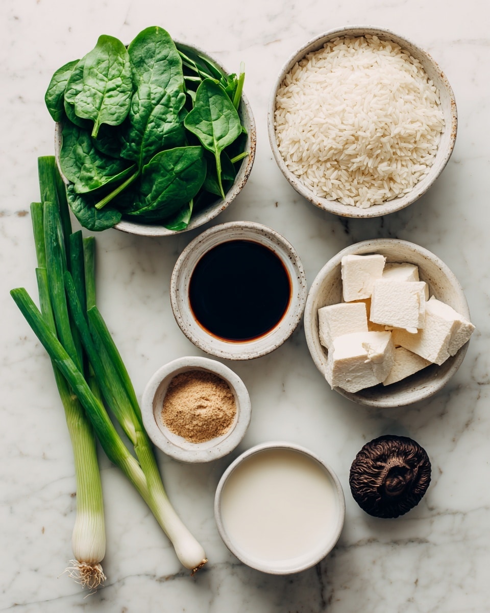 The image shows six small white bowls on a white marbled surface, each holding a different ingredient. One bowl is filled with fresh green spinach leaves, another with white rice grains. There is a bowl containing creamy white soy milk, a small dish of brown powder, and a bowl with pale beige tofu skin pieces. A single dark brown dried mushroom sits in a separate bowl, and a tiny white dish holds a dark soy sauce. Two fresh green onion stalks are placed diagonally across the setup, adding contrast to the arrangement. Photo taken with an iphone --ar 4:5 --v 7