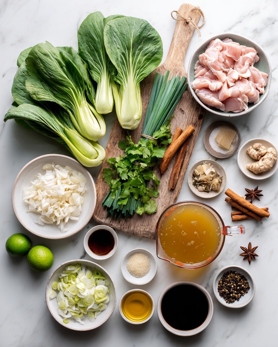 The image shows a flat lay of fresh cooking ingredients arranged on a white marbled surface. There are three heads of fresh bok choy and a bunch of long green onions resting on a small wooden board in the middle. To the right is a large clear glass bowl filled with pieces of raw pink chicken meat and a large clear measuring cup full of orange-colored broth. To the left, several small white bowls hold finely chopped white onions, sliced garlic, sliced ginger, and fresh bean sprouts. A whole lime, some fresh cilantro, and a small bowl with dried mushrooms are also visible. Near the top are three small dishes containing a golden liquid, a mix of black pepper, a cinnamon stick and star anise, a dark soy-like sauce, and a clear liquid. Photo taken with an iphone --ar 4:5 --v 7