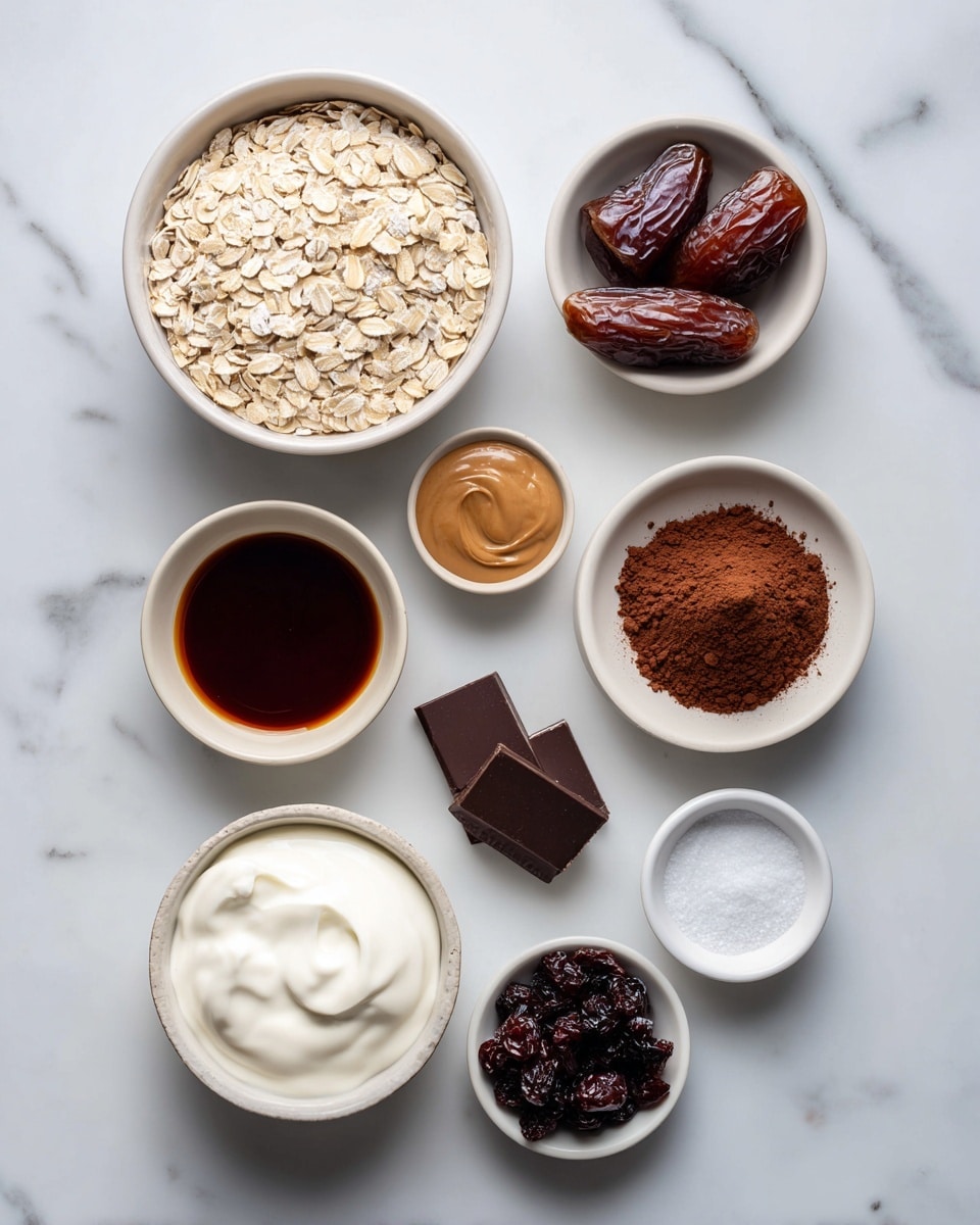 The image shows a neat arrangement of ingredients on a white marbled surface, each placed in a white bowl or dish. Starting from the top left, there is a bowl filled with light beige oats, with a bowl of brown dates beside it. To the right, a small white dish holds a mound of cocoa powder, while below that are three small pieces of dark chocolate. In the center left, a small bowl contains smooth-looking peanut butter, with a smaller dish next to it holding a dark brown liquid, likely vanilla extract. Below, a bowl of creamy white yogurt contrasts with a small dish of dark, glossy dried cherries and a tiny dish of white salt. The simple, clear layout highlights the variety of textures and colors, from creamy and smooth to dry and chunky, all set on the white marbled background photo taken with an iphone --ar 4:5 --v 7