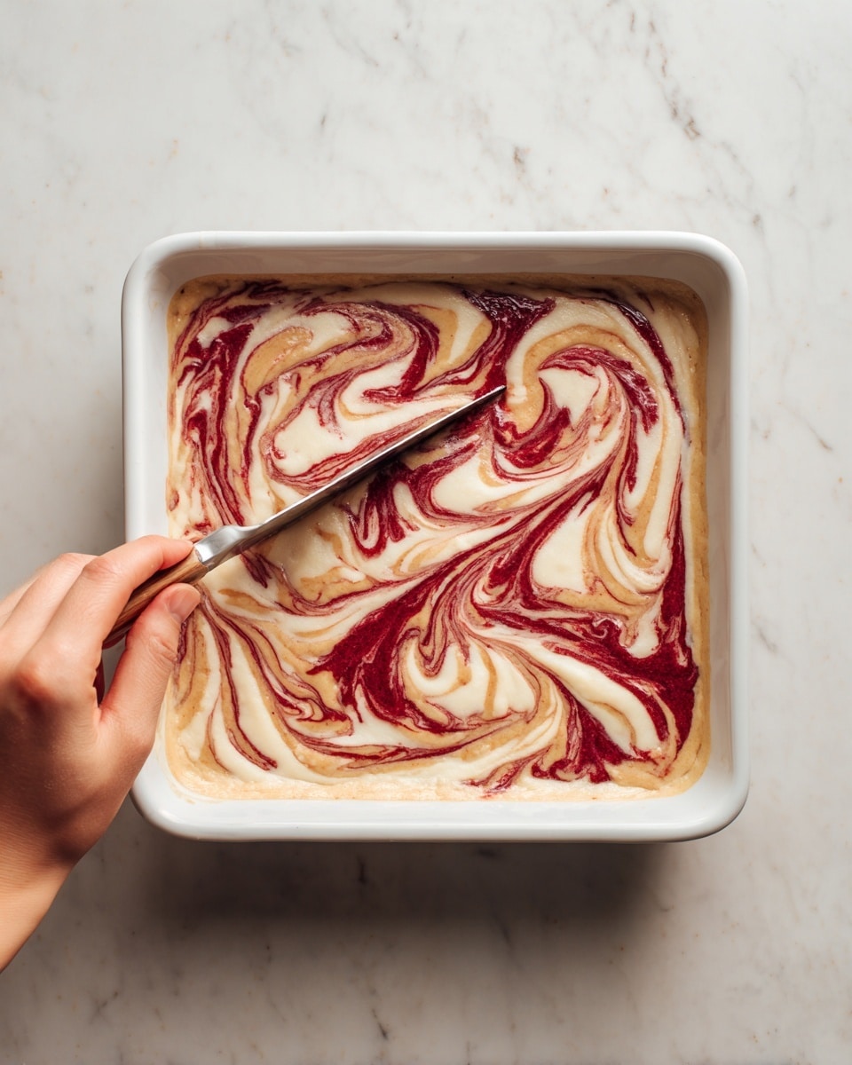 A white square baking dish filled with thick, light beige batter that has swirls of deep red and light brown running through it, creating a marbled effect across the surface. A woman's hand holds a knife lightly pressing into the batter near the top left corner of the dish. The dish sits on a white marbled surface. Photo taken with an iphone --ar 4:5 --v 7
