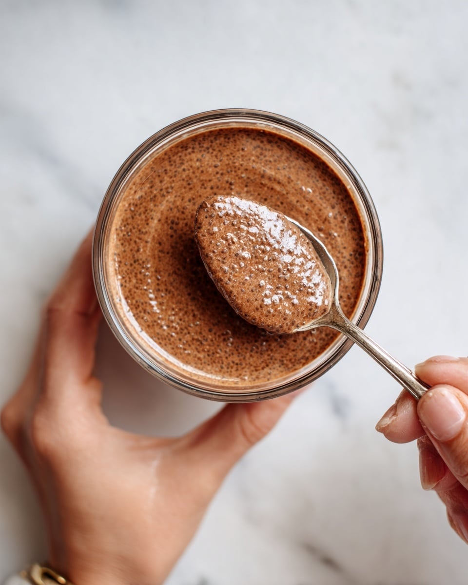 A clear round glass bowl sits on a white marbled surface, filled with a thick, chocolate-brown mixture that has small, seed-like textures evenly spread throughout. A metal spoon holds a portion of the same mixture above the bowl, showing its slightly lumpy and creamy texture with tiny chia-like seeds visible. A woman's hand gently grips the spoon's handle on the right side of the image. photo taken with an iphone --ar 4:5 --v 7