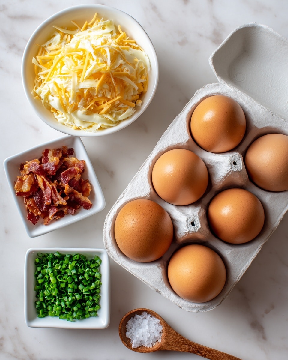 The image shows six brown eggs placed neatly in a white ceramic egg holder positioned slightly tilted. To the left of the eggs, there is a white bowl filled with shredded yellow and white cheese. Above the eggs, to the right, there is a small white square bowl with finely chopped green chives. To the left of the chives, there is another small white square bowl filled with crispy cooked bacon bits. Below and to the right of the eggs, a small wooden spoon holds a small amount of white salt. All items are set on a white marbled surface. photo taken with an iphone --ar 4:5 --v 7