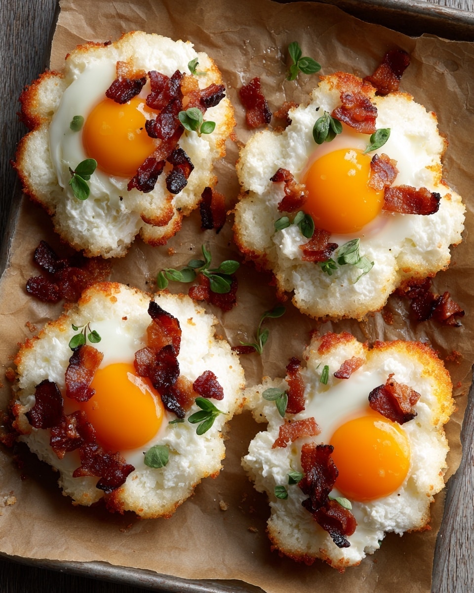 The image shows four cloud eggs on a metal baking tray lined with brown parchment paper. Each cloud egg has a fluffy, white egg white base forming a soft, uneven, and airy layer with a slightly browned edge. In the center of each, there is a bright orange, round egg yolk sitting on top of the white clouds. Small pieces of cooked bacon with a crispy texture and reddish-brown color are scattered around and on top of the cloud eggs, along with tiny green herb leaves that add a fresh touch. The overall look is rustic and homemade. Photo taken with an iphone --ar 4:5 --v 7