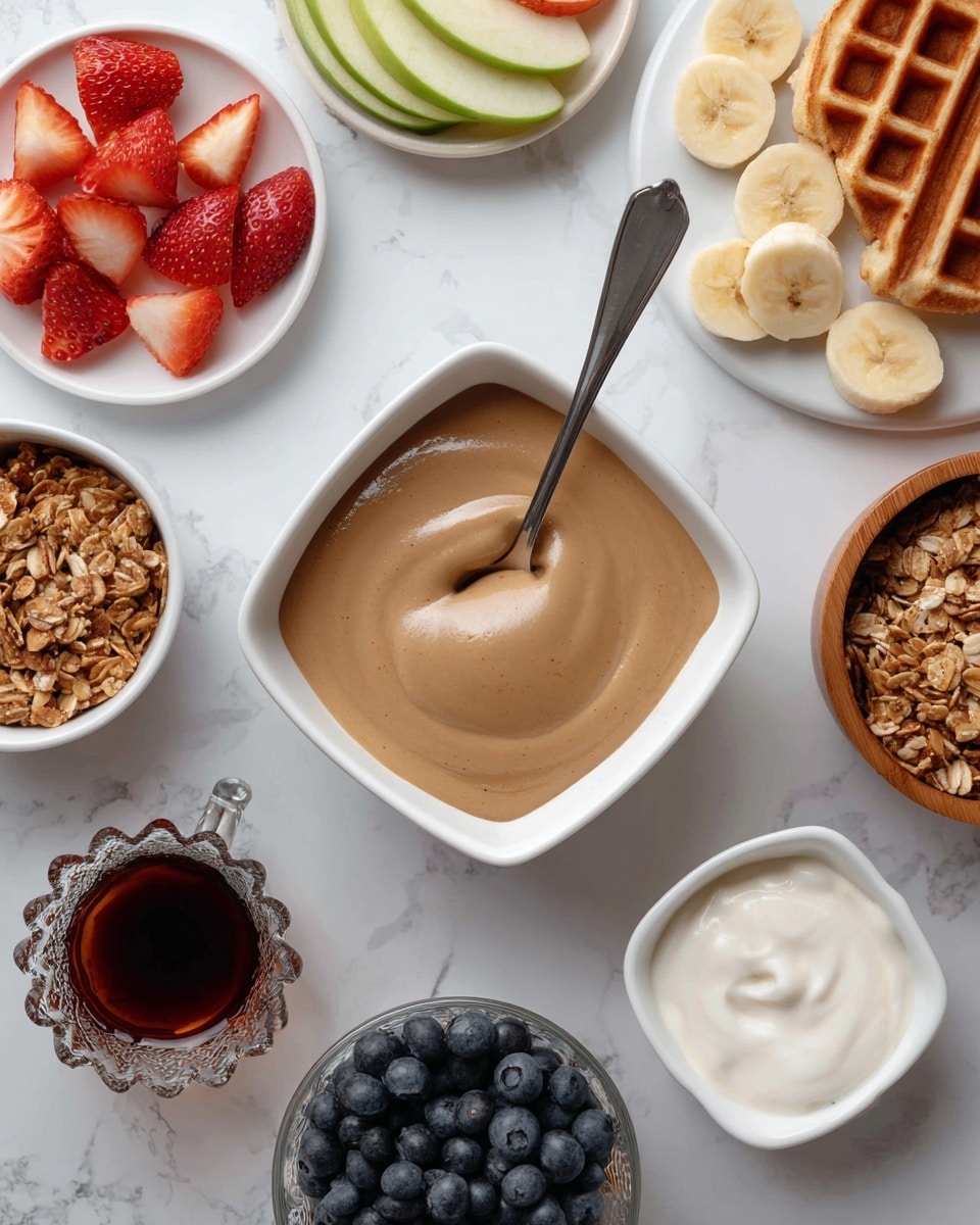 The image shows a white square bowl in the center filled with a smooth light brown sauce or spread with a spoon in it. Around it are several small bowls and plates on a white marbled surface: top left a white plate with red strawberries sliced and green apple slices, top right a white plate with rounds of banana, right a small wooden bowl with granola, bottom right a white plate holding a light brown waffle, bottom center a small dark bowl filled with fresh blueberries, bottom left a small ornate glass filled with dark syrup, and left a small white square bowl with white cream. All items are neatly arranged and colorful, with a fresh and inviting look. photo taken with an iphone --ar 4:5 --v 7