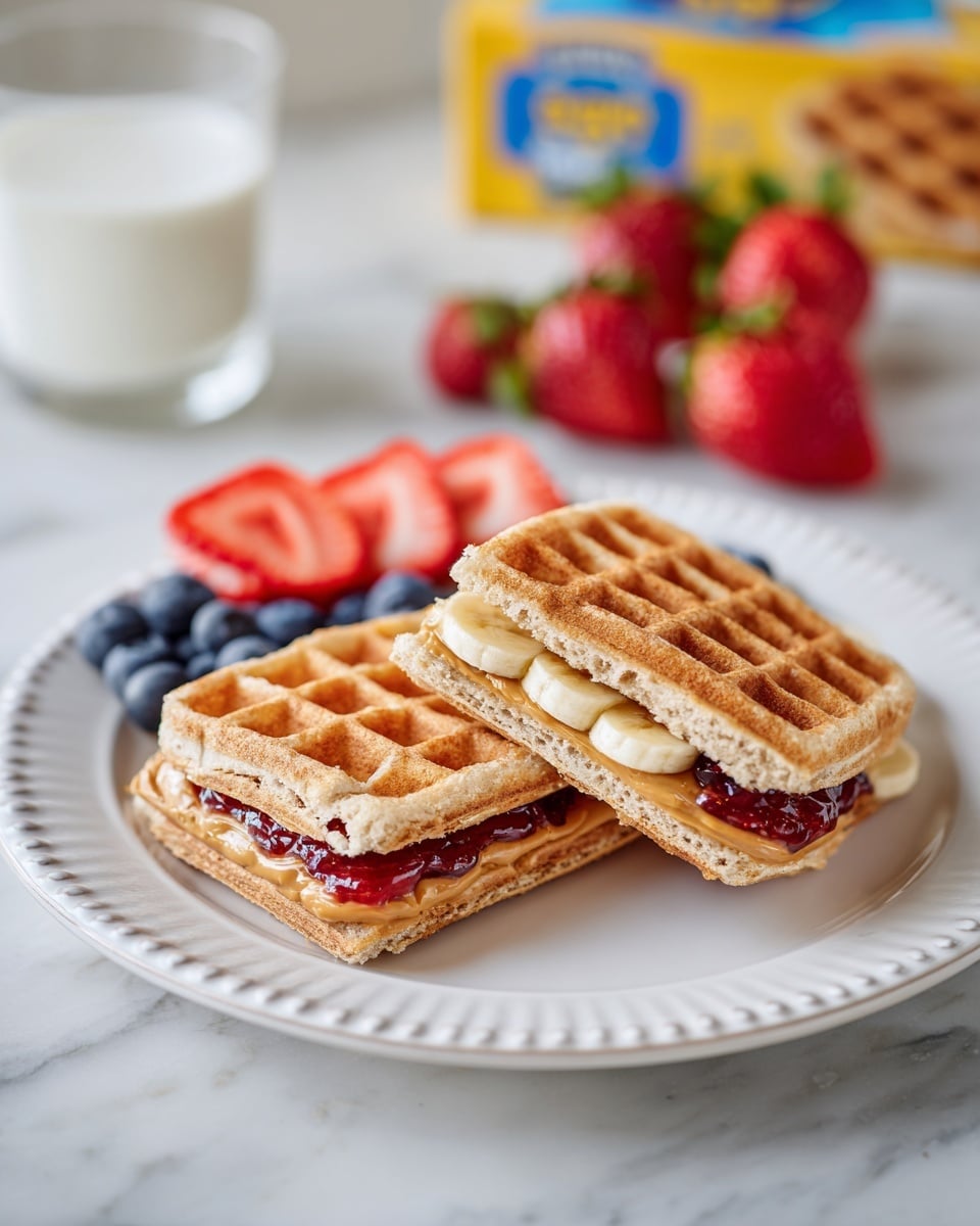 On a white plate with small raised dots around the edge, there are two waffle sandwich halves placed side by side. Each half shows three layers inside: a layer of light brown peanut spread at the bottom, a middle layer of thin banana slices, and a top layer of red strawberry jam, all inside golden waffle halves with a grid pattern. Behind the waffles on the plate, there is a small pile of fresh dark blue blueberries and sliced red strawberries arranged in a fan shape. The plate sits on a white marbled textured surface. In the background, there is a glass of white milk and a blurred yellow and blue Eggo waffle box. photo taken with an iphone --ar 4:5 --v 7