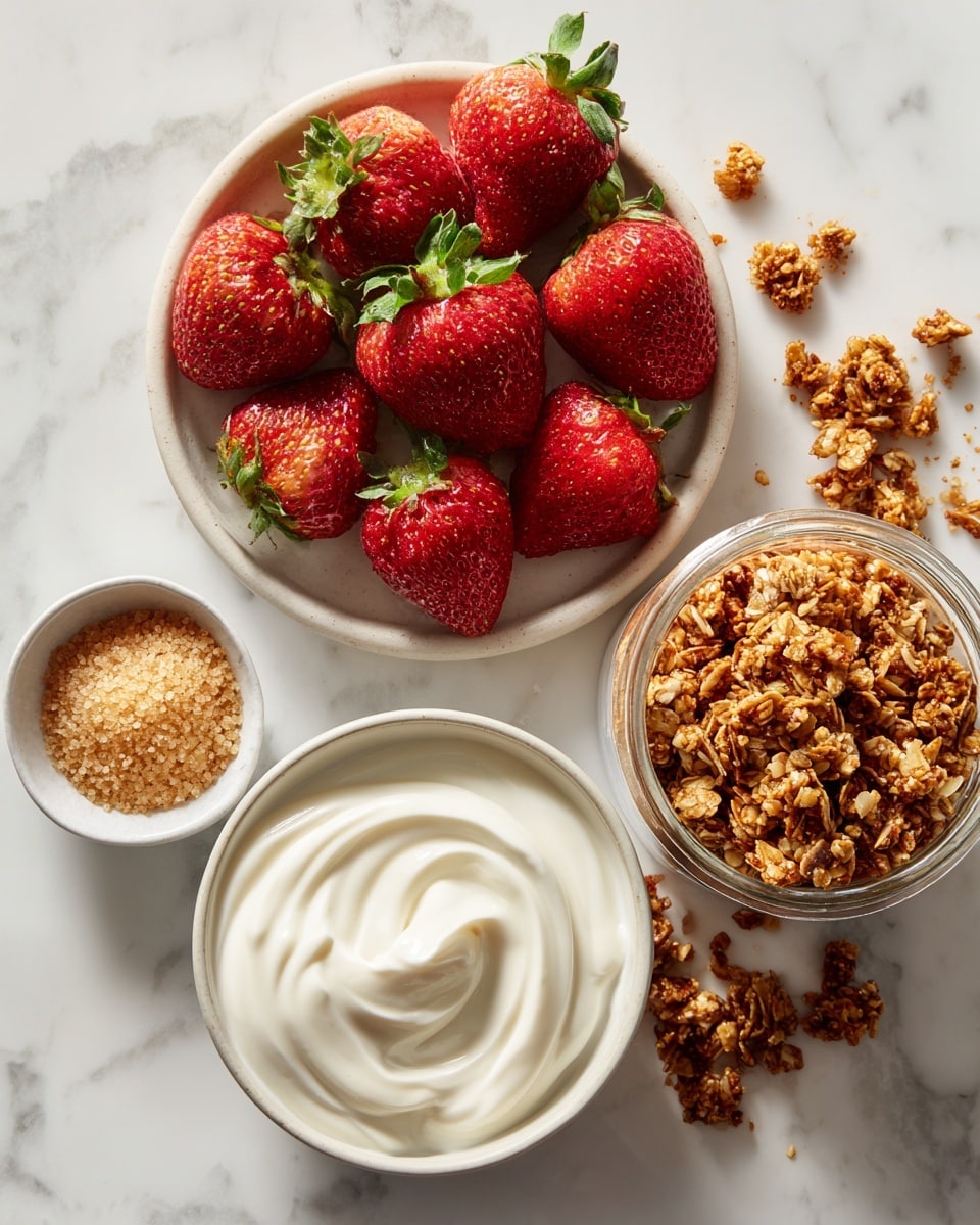 A white plate holds a pile of bright red strawberries with green tops, positioned to the left. To the right and slightly above the plate is a glass jar filled with chunky, golden brown granola, with some pieces scattered on the white marbled surface nearby. Below the granola jar is a small white bowl filled with thick, smooth white yogurt, showing gentle swirls on the surface. Near the top left corner, a small white bowl contains light brown sugar crystals, all set on a white marbled background. photo taken with an iphone --ar 4:5 --v 7