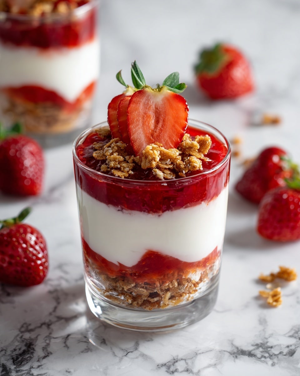 The image shows a clear glass cup filled with three visible layers arranged from bottom to top: creamy white yogurt at the base, a middle layer of red strawberry jam with some whole strawberry pieces, and a final thick white yogurt layer on top. The top layer is decorated with a few pieces of granola and a sliced strawberry standing upright. The cup is placed on a white marbled surface, with another similar glass in the background and some fresh whole strawberries scattered nearby. photo taken with an iphone --ar 4:5 --v 7