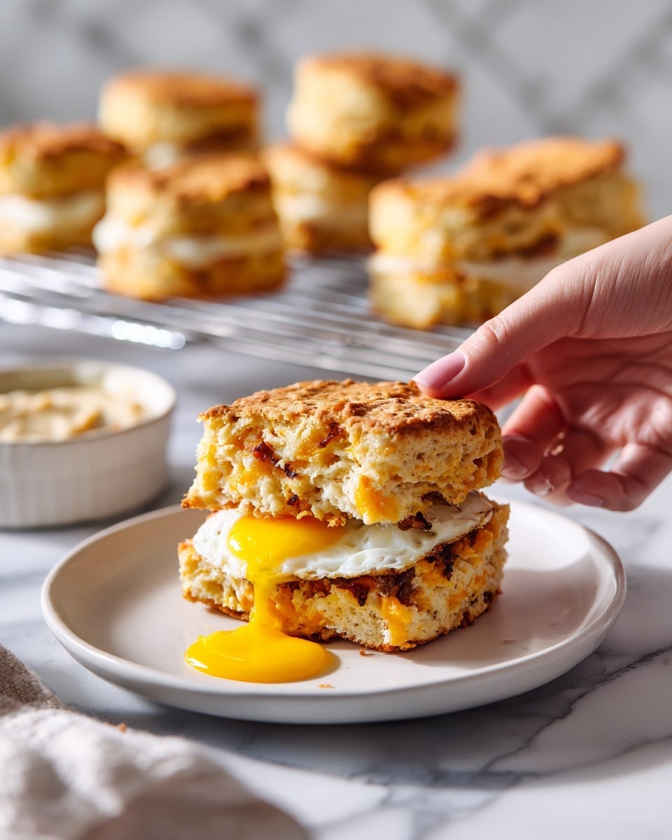 The image shows a white plate with a sandwich made of two layers of biscuit-like bread, golden brown and textured with bits of cheese or meat inside, with a sunny-side-up egg with a bright yellow yolk in the middle layer. In the background, there are more biscuit sandwiches on a metal cooling rack, sitting on a white marbled surface. To the left, a small white bowl with a creamy dip or sauce is partially visible. A woman's hand is holding the sandwich from the top left corner. Photo taken with an iphone --ar 4:5 --v 7