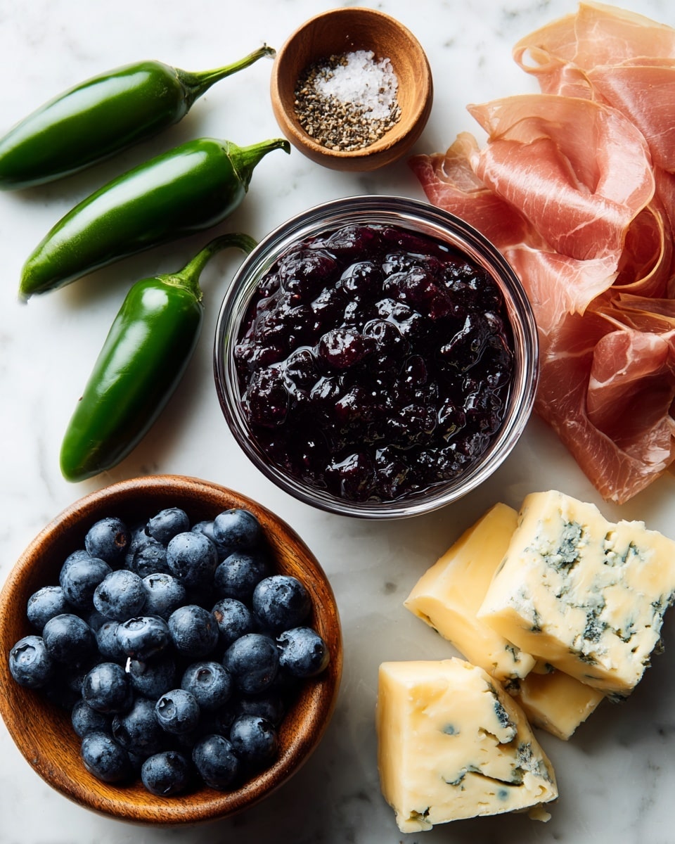 The image shows a white marbled surface with a spread of food items arranged neatly. On the left, there are three shiny green jalapeno peppers placed diagonally. Below them is a small wooden bowl filled with fresh dark blue blueberries. In the middle, there is a small clear glass bowl full of dark purple berry jam with visible berry pieces. To the right, chunks of pale yellow-blue veined cheese are scattered, and below them are thin slices of cured pink and white meat laid loosely. Above the glass bowl, a small wooden bowl contains mixed coarse salt and black pepper. Photo taken with an iphone --ar 4:5 --v 7