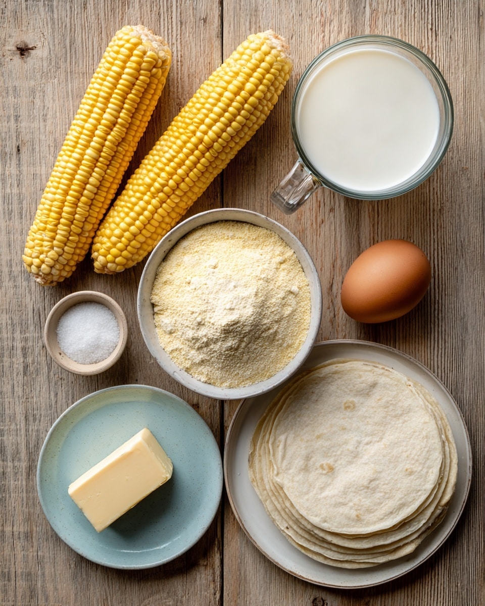 The image shows six food items laid out on a wooden surface. At the top left are two fresh yellow corn cobs with a smooth, bumpy texture. To their right is a clear glass cup filled with white liquid, likely milk. Below the corn, near the center, there is a small white bowl filled with pale yellow cornmeal with a fine, grainy texture. Below the milk and cornmeal, there is a light blue plate holding a whole brown egg, smooth and matte, and a small pile of white granulated sugar. On the bottom left is a small, white plate with a square piece of pale yellow butter that has smooth, soft edges. The bottom right shows a white plate stacked with round, thin white corn tortillas with a slightly rough texture around the edges. The whole setup is on a light brown wooden surface with visible grain patterns. photo taken with an iphone --ar 4:5 --v 7