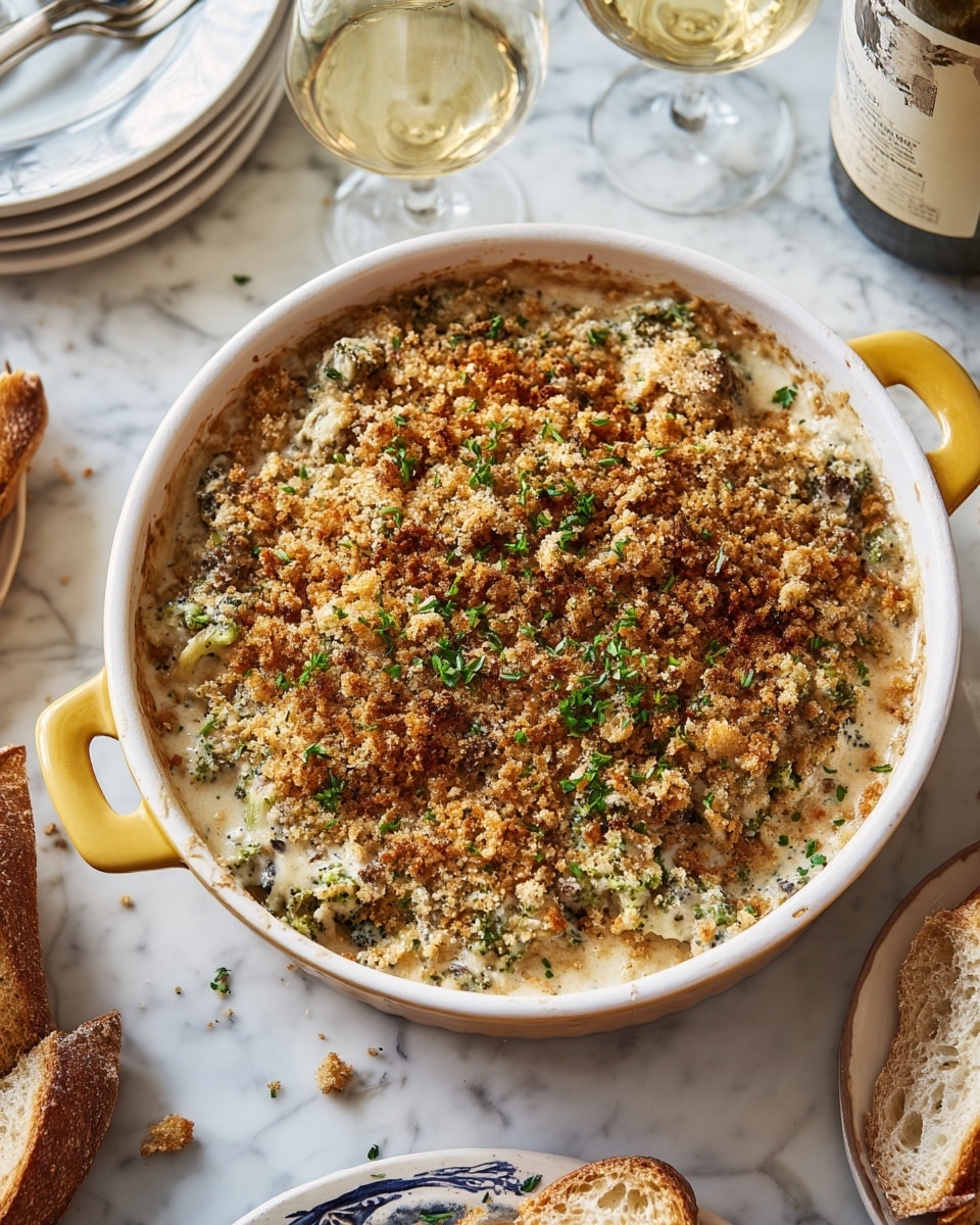 The image shows a round casserole with a golden-brown top layer made of crispy broken crackers scattered unevenly all over. Below the crackers, there are bright green broccoli pieces peeking through, mixed with a creamy beige sauce that fills the dish. Small bits of chopped fresh green herbs are sprinkled on top, adding a fresh look. The edge of the casserole crust is visible around the sides, baked to a light golden color. The casserole is placed on a white marbled surface. photo taken with an iphone --ar 4:5 --v 7