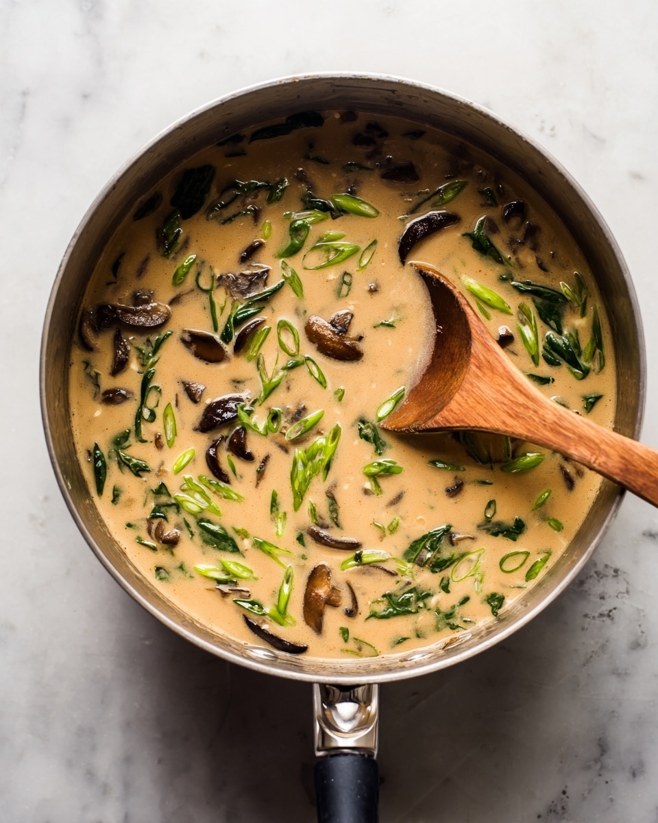 The image shows a metal pot filled with a creamy soup that has a light tan color. Inside the soup, there are visible pieces of dark brown mushrooms, bright green spinach leaves, and light green slices of green onions, all mixed evenly throughout. A wooden spoon with a smooth texture is resting inside the pot, slightly dipping into the soup. The pot handle is black with a silver accent, and the pot sits on a white marbled textured surface. photo taken with an iphone --ar 4:5 --v 7